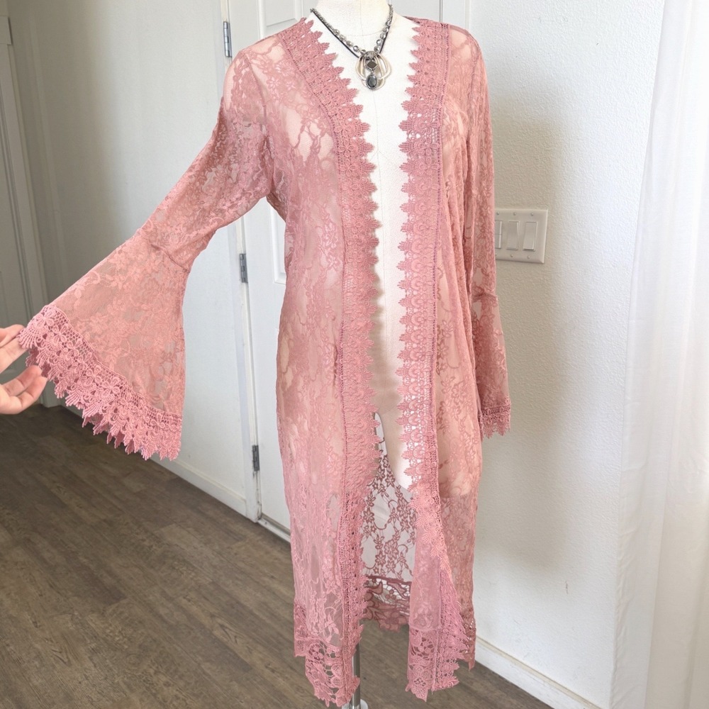 Womens Pink Lace Duster Cardigan Bell Sleeve Sheer Boho Kimono Medium whimsical